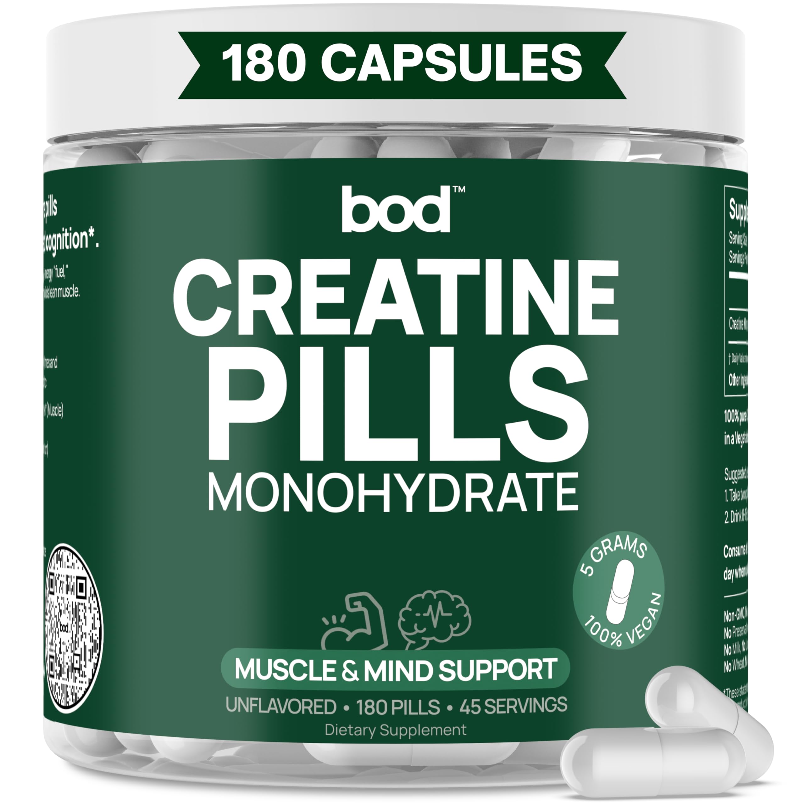 Bod creatine capsules bottle-front shows clean packaging for easy daily use.