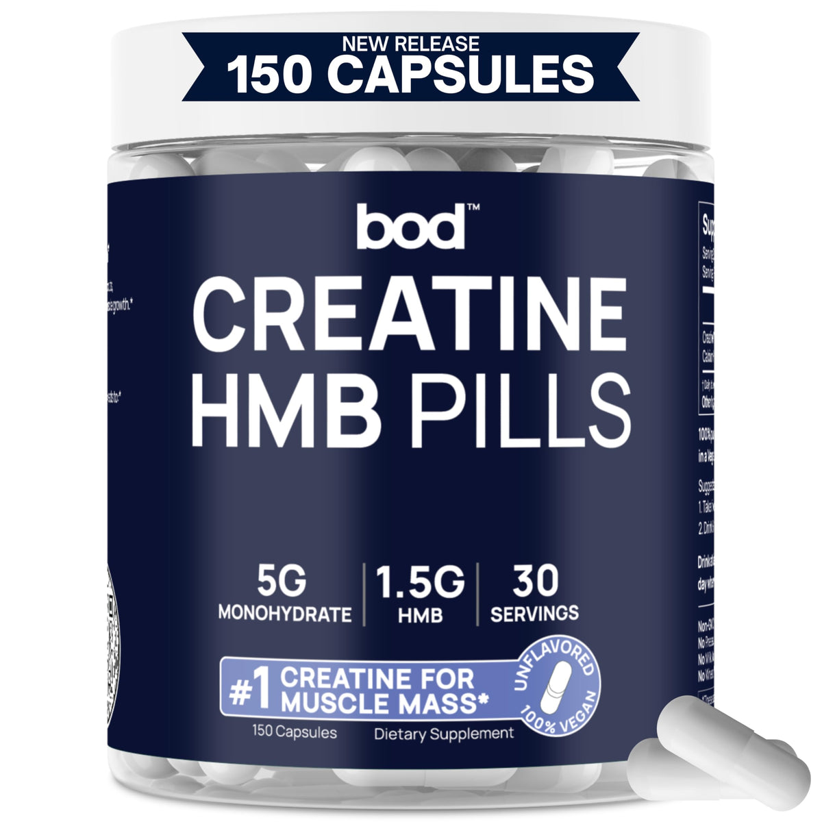BOD Goba Creatine HMB capsules bottle front, unflavored and easy to swallow for workouts