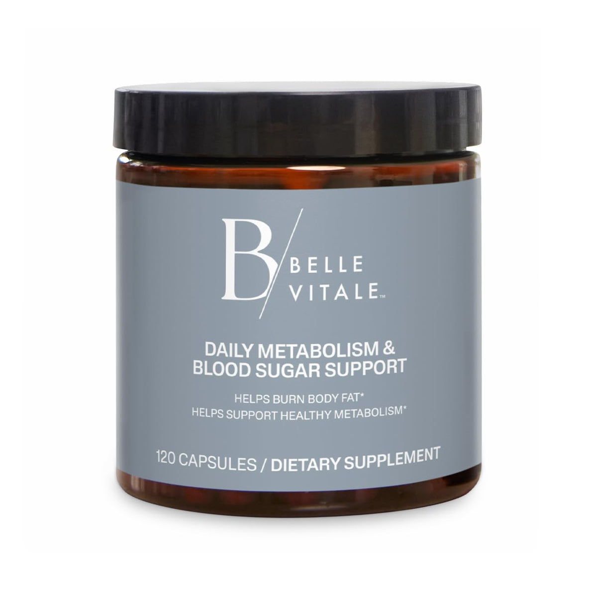 BODi Belle Vitale bottle pouring capsules for steady energy and metabolism.