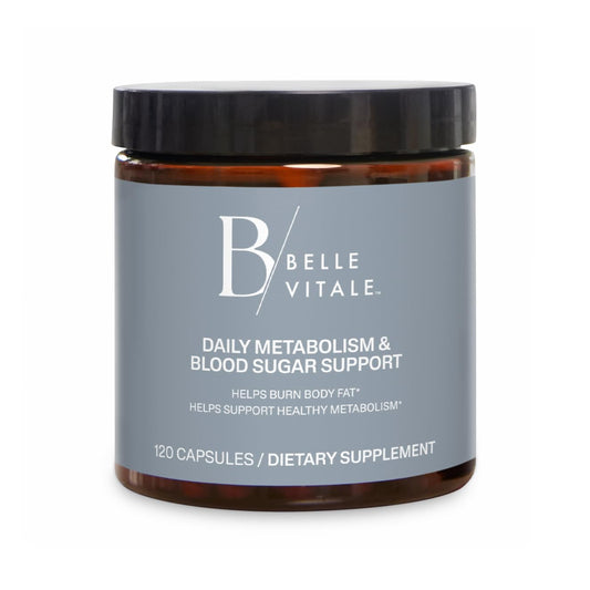 BODi Belle Vitale bottle pouring capsules for steady energy and metabolism.