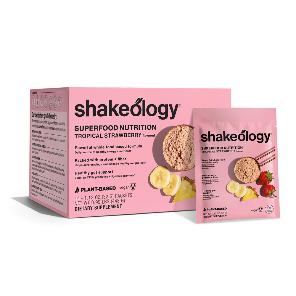 BODi Shakeology tropical strawberry packet for on-the-go nutrition and protein.