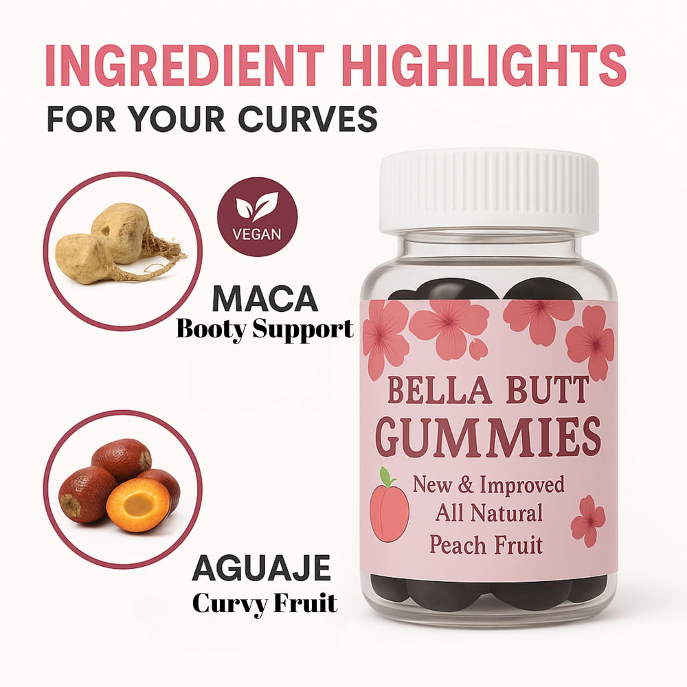 Label detail highlighting maca and aguaje ingredients in Bodied by Bella Gummies