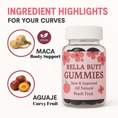 Label detail highlighting maca and aguaje ingredients in Bodied by Bella Gummies