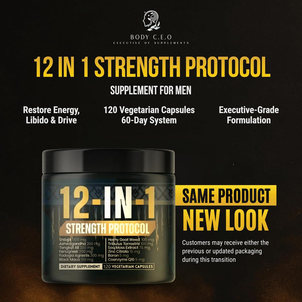 Body C.E.O. 12-in-1 Strength Protocol bottle open reveals capsules.