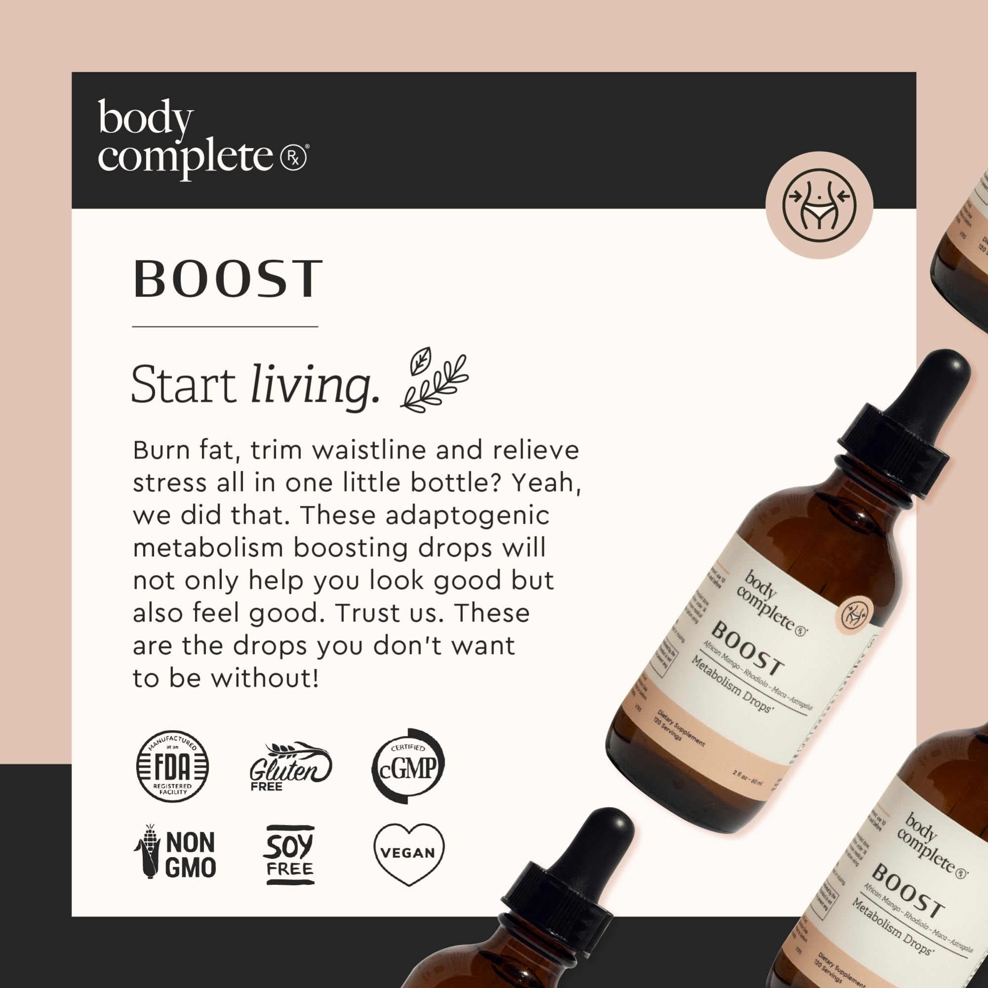 BODY COMPLETE RX Boost Drops bottle displayed for on-the-go use.