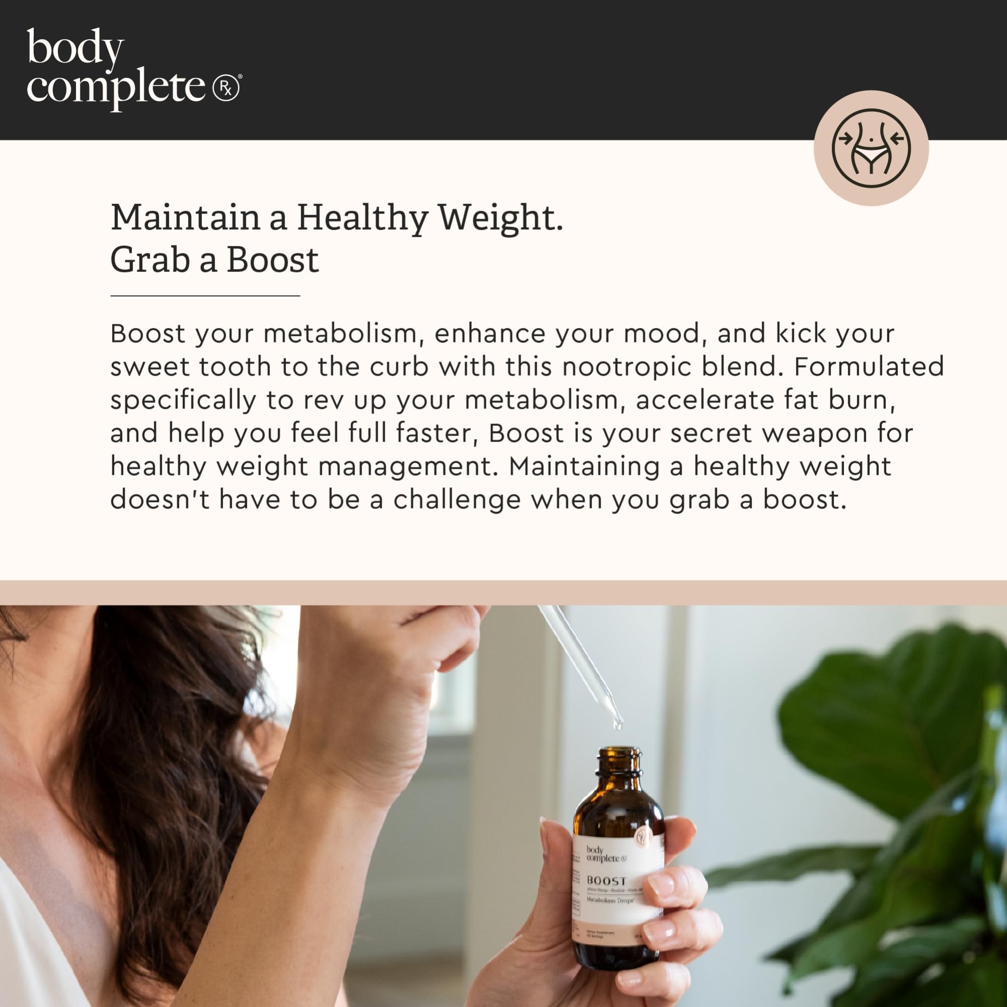 BODY COMPLETE RX Boost Drops travel-ready maca root and amino acids visuals.