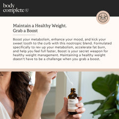 BODY COMPLETE RX Boost Drops travel-ready maca root and amino acids visuals.