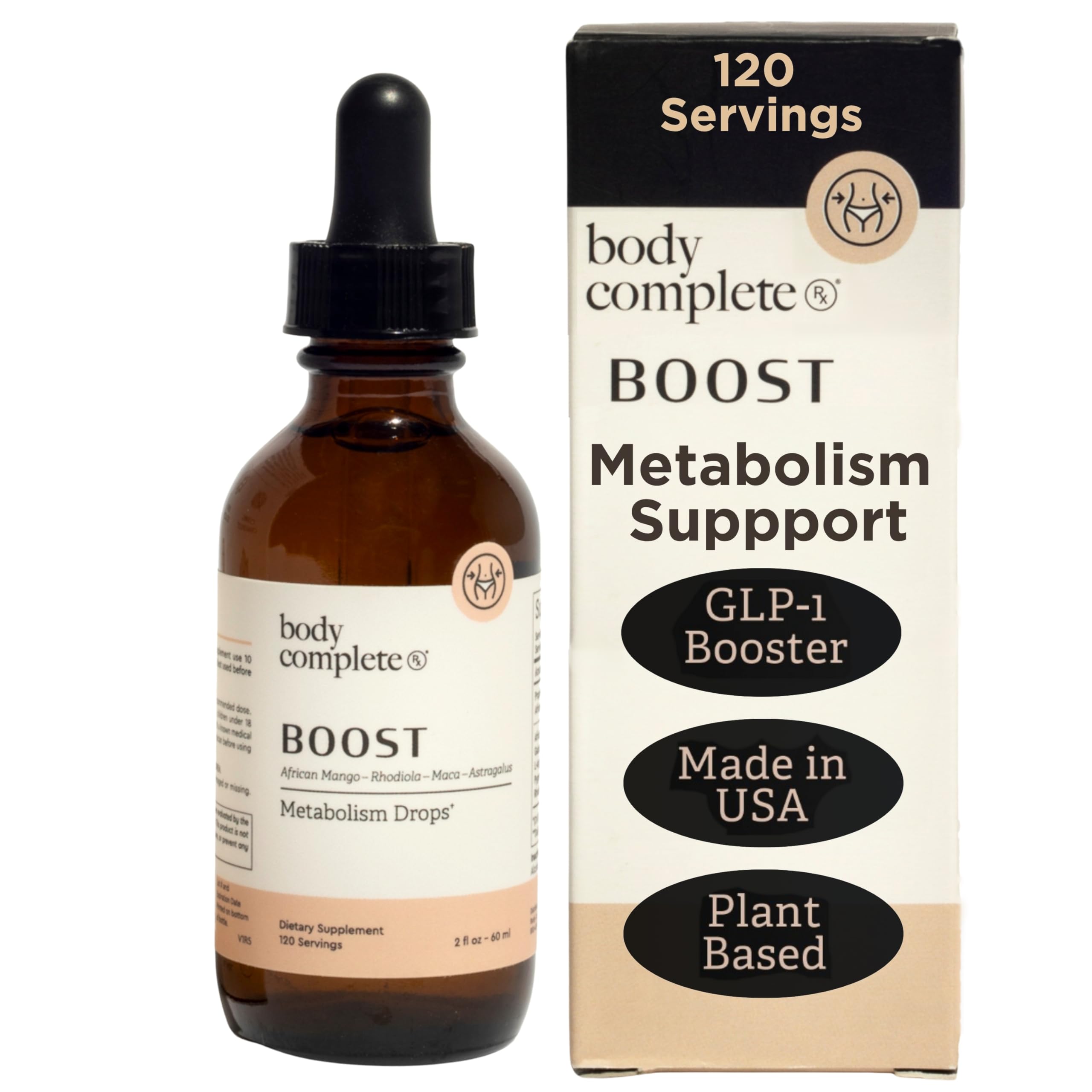 BODY COMPLETE RX Boost Drops under tongue for quick, caffeine-free energy support.