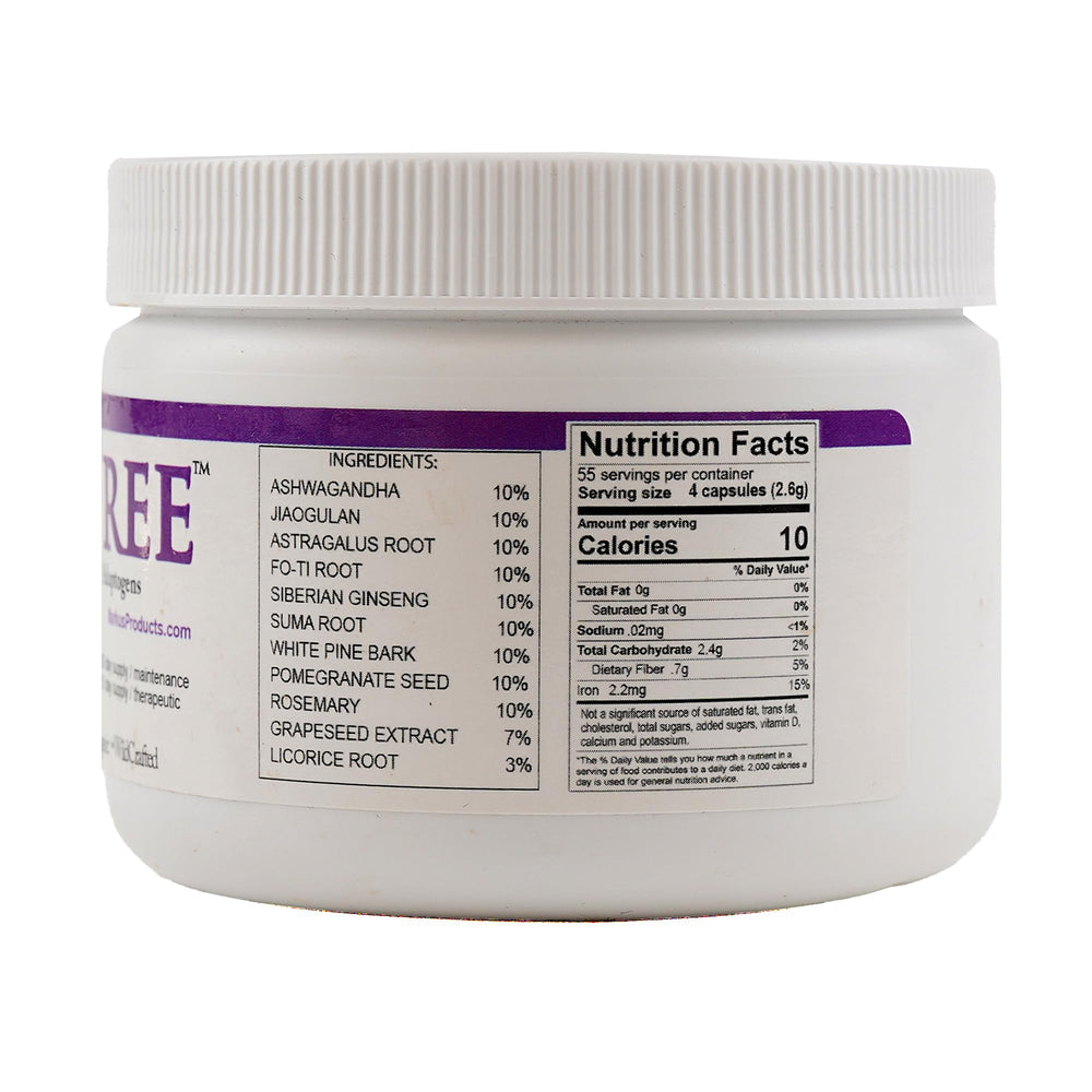 Body Force Age Free bottle close-up; adaptogenic formula for balanced energy.
