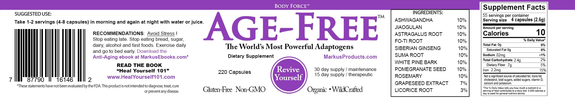 Body Force Age Free ingredients display; pure plant extracts for holistic wellness.