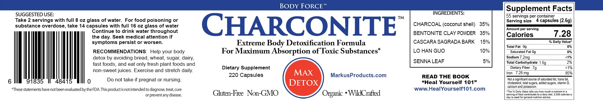 Body Force Charconite dosage with water glass implying easy daily use