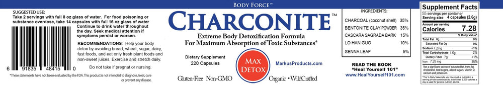 Body Force Charconite dosage with water glass implying easy daily use