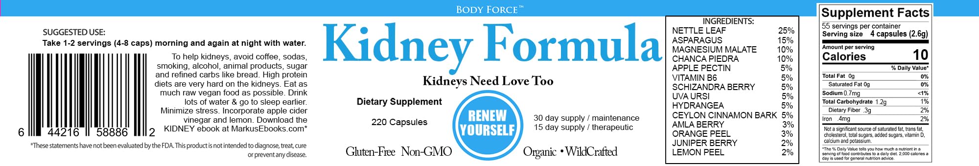 Body Force Kidney Formula herbal ingredients bottle, designed to support hydration and wellness.