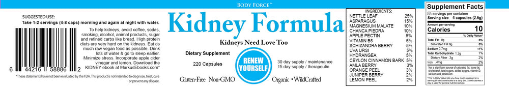 Body Force Kidney Formula herbal ingredients bottle, designed to support hydration and wellness.