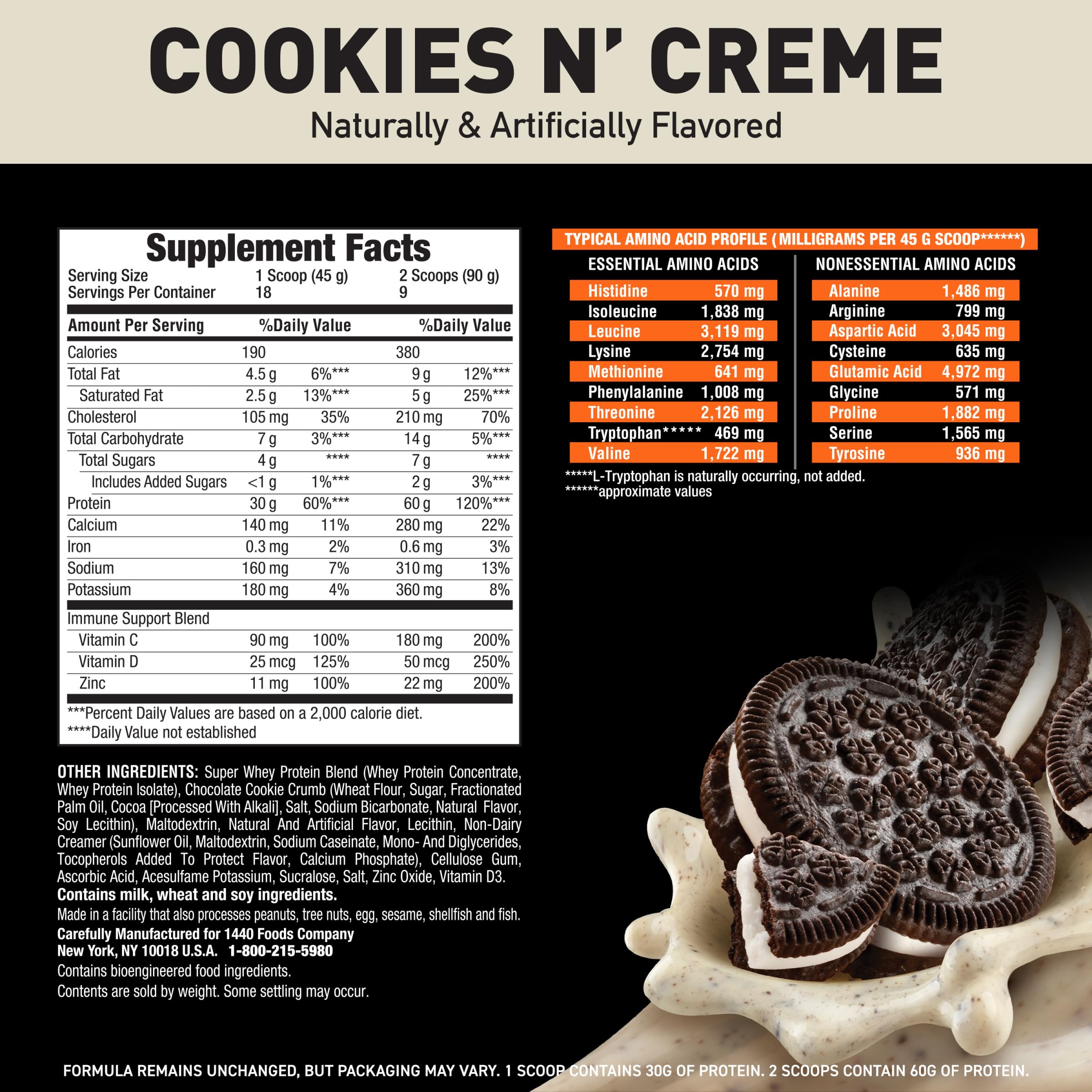 Body Fortress protein powder jar closeup highlighting label and nutrient info.