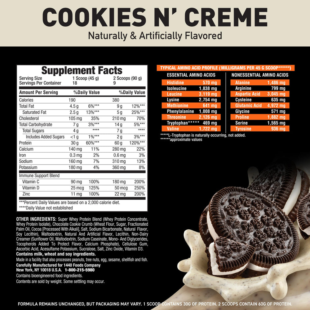 Body Fortress protein powder jar closeup highlighting label and nutrient info.