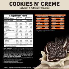 Body Fortress protein powder jar closeup highlighting label and nutrient info.