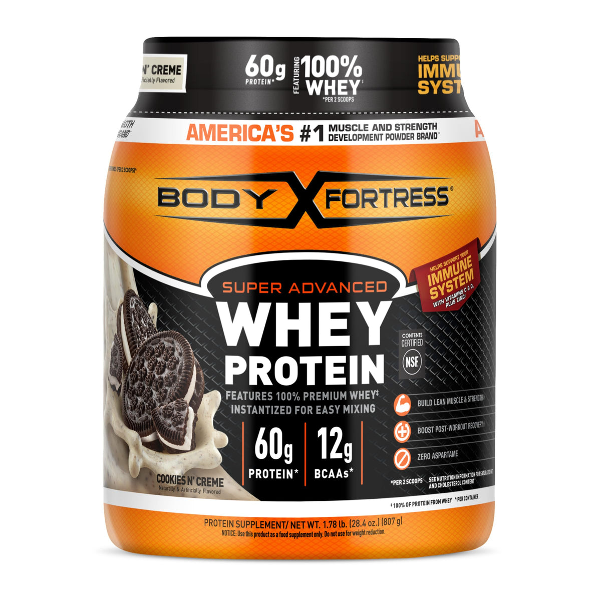 Body Fortress super advanced whey bottle with cookies n' creme for muscle support.