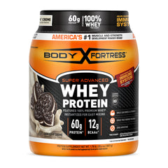 Body Fortress super advanced whey bottle with cookies n' creme for muscle support.