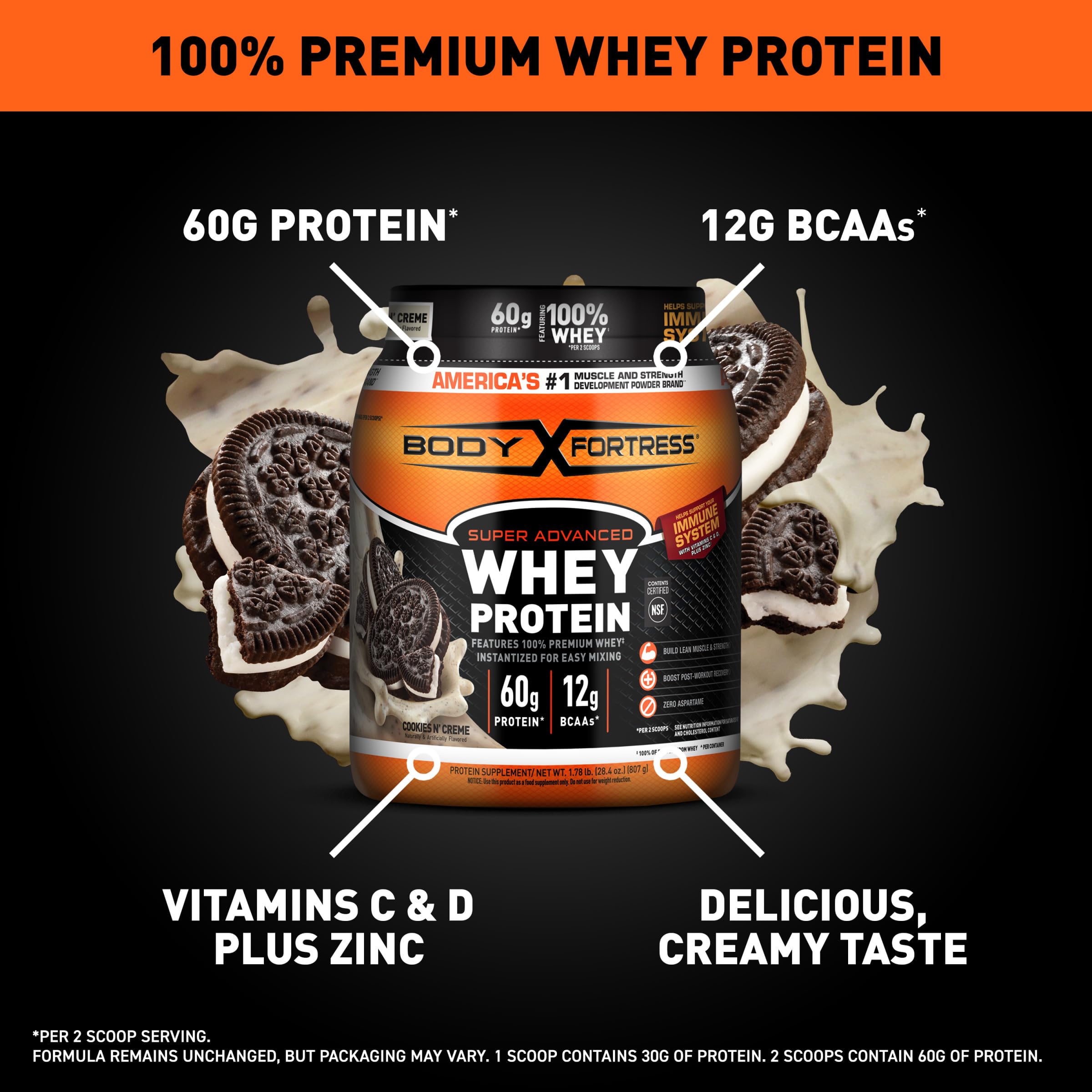 Body Fortress scoop with cookies n' creme for convenient daily protein.
