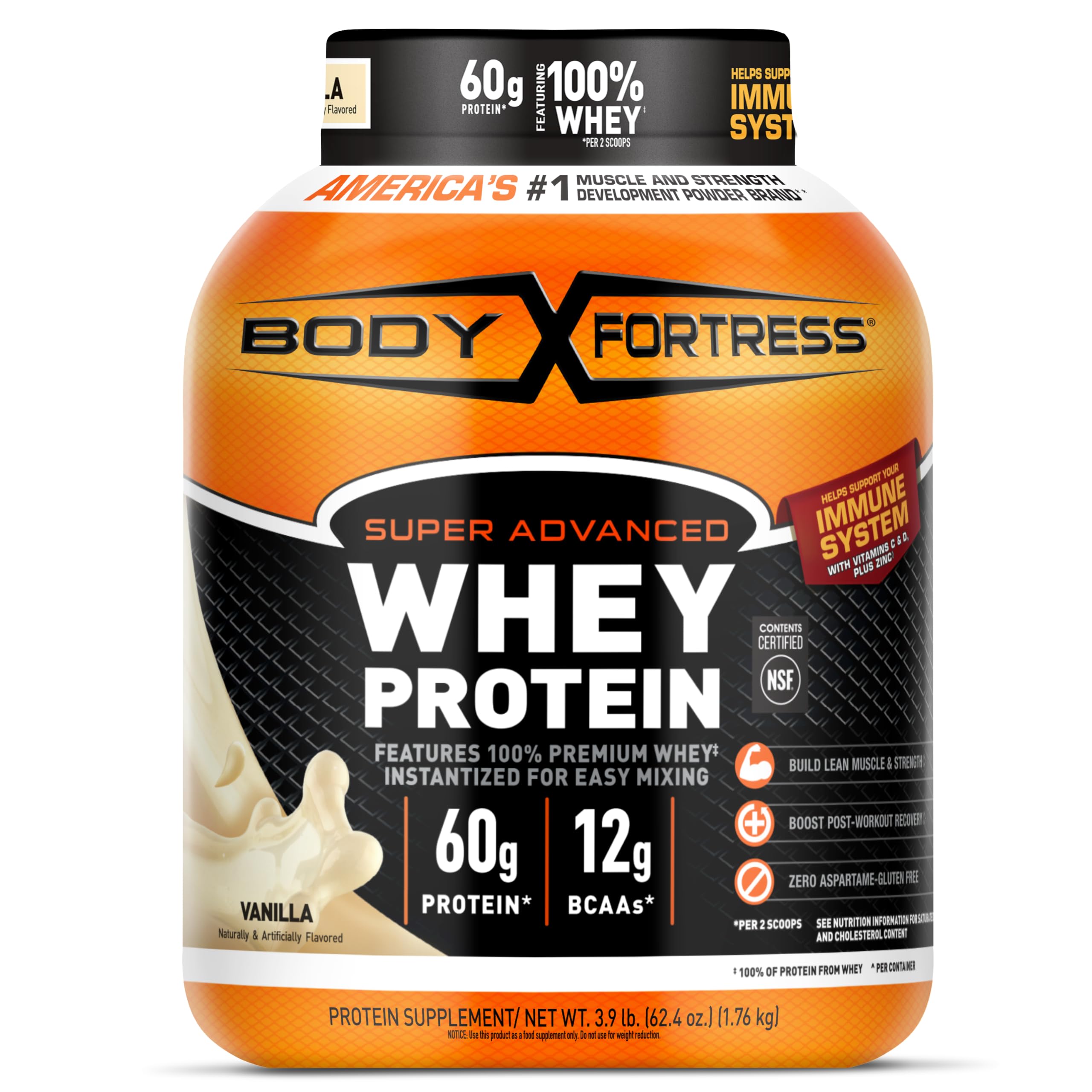 Body Fortress Super Advanced Whey Vanilla container highlighting 30 g protein per serving for post-workout recovery