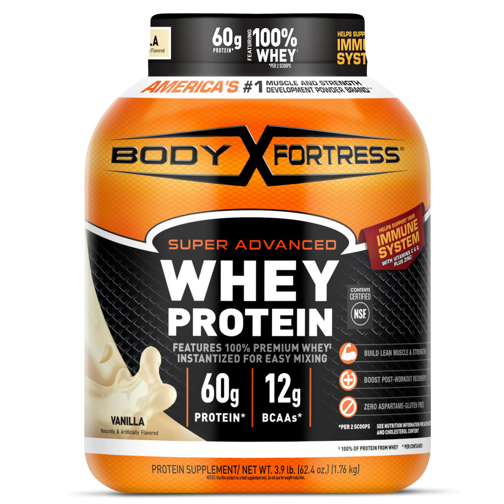 Body Fortress Super Advanced Whey Vanilla container highlighting 30 g protein per serving for post-workout recovery