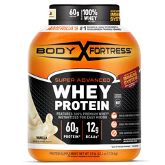 Body Fortress Super Advanced Whey Vanilla container highlighting 30 g protein per serving for post-workout recovery