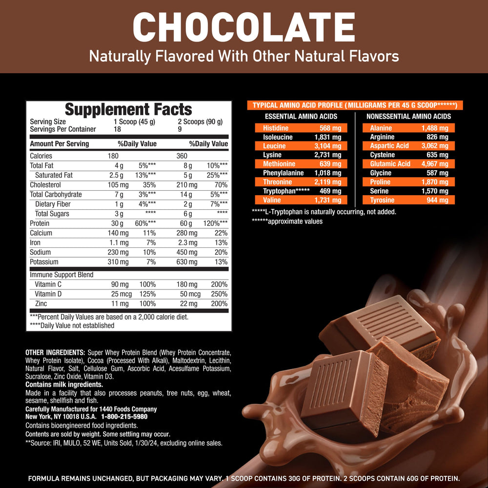 Back label of Body Fortress Chocolate Whey Protein shows vitamins and minerals.