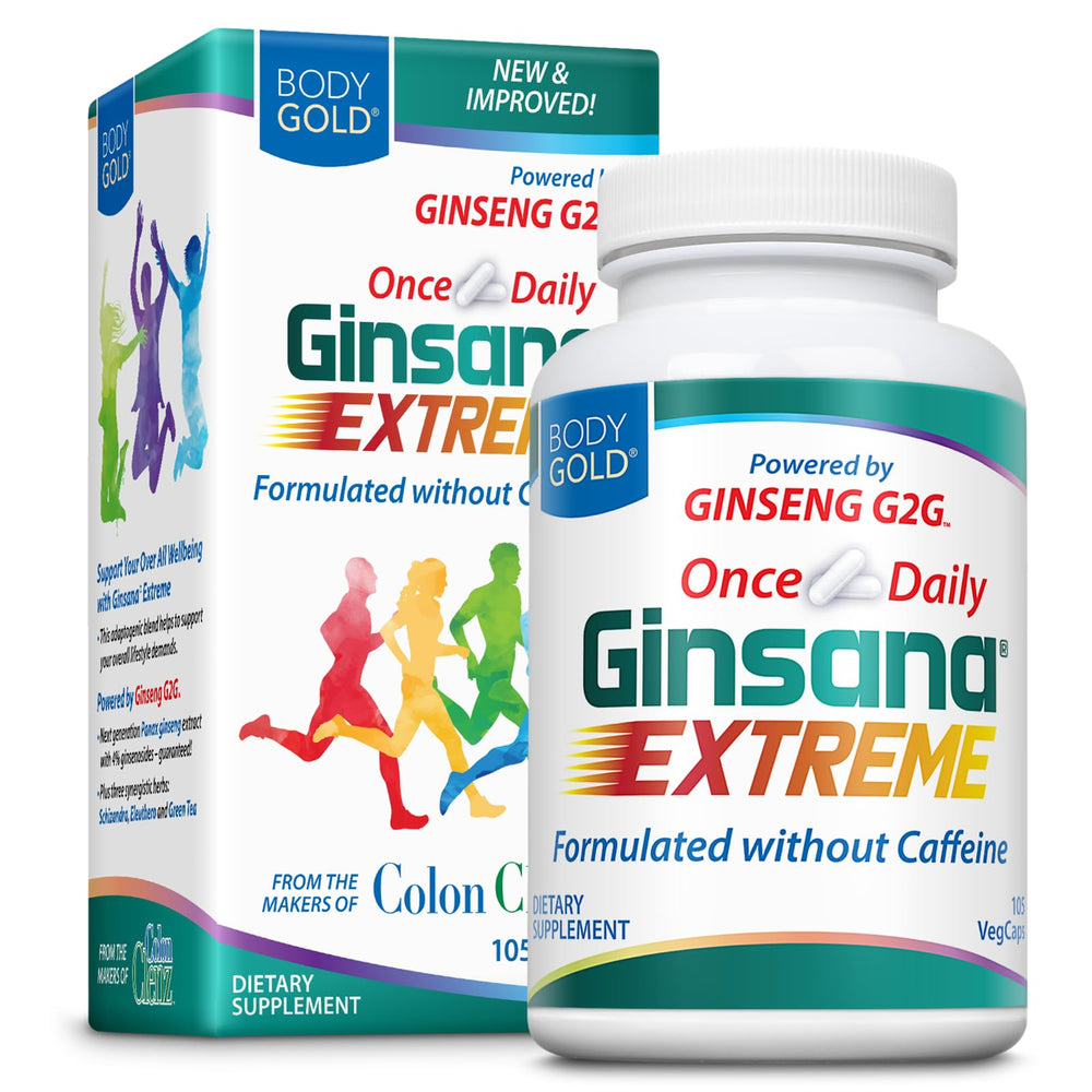 Body Gold Ginsana Energy capsules close-up, steady focus and daytime energy support.