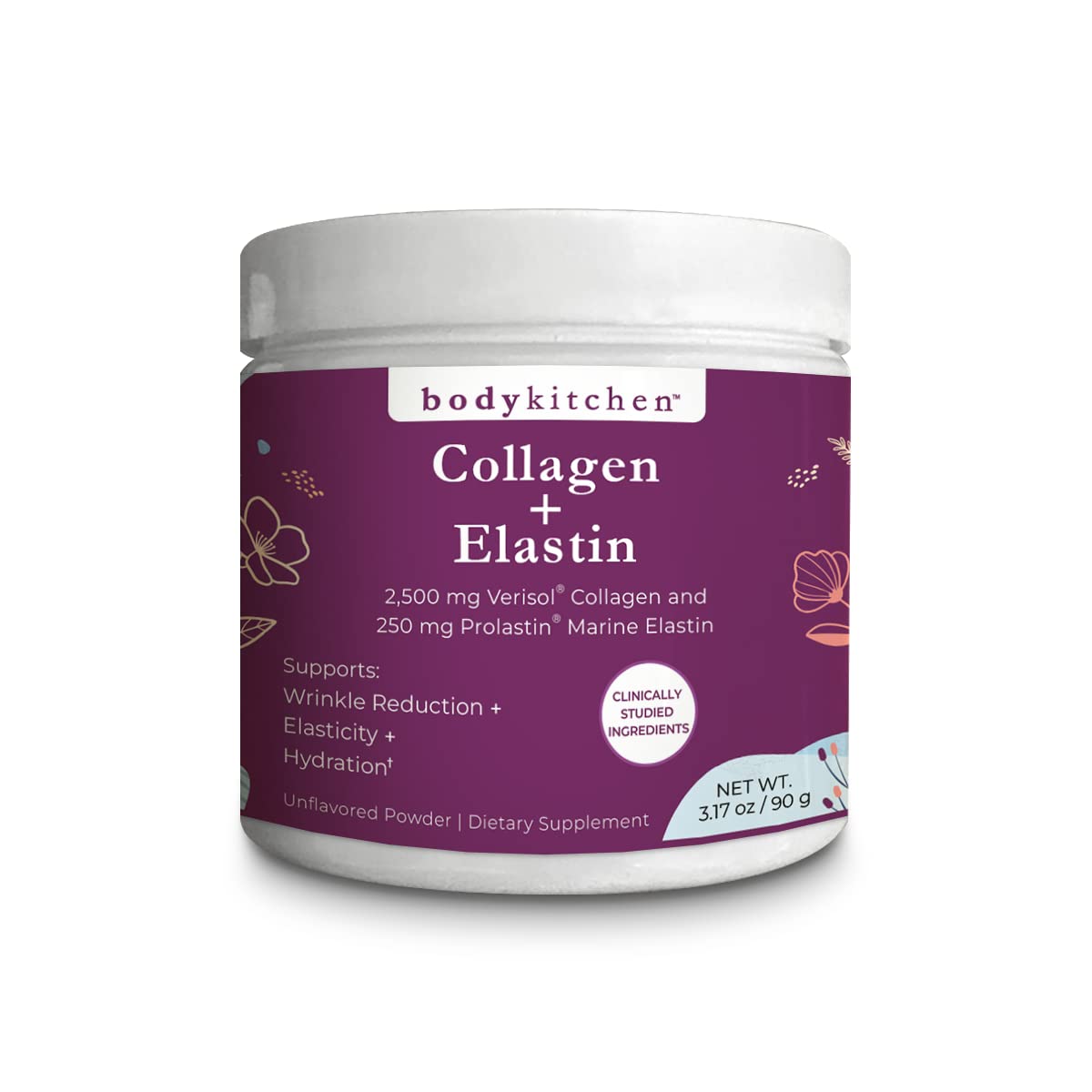 Body Kitchen Collagen Elastin powder in a bottle supports skin hydration and elasticity.