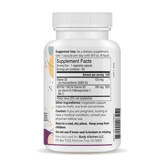 Body Kitchen D3K2 capsules close-up highlighting plant-based ingredients.