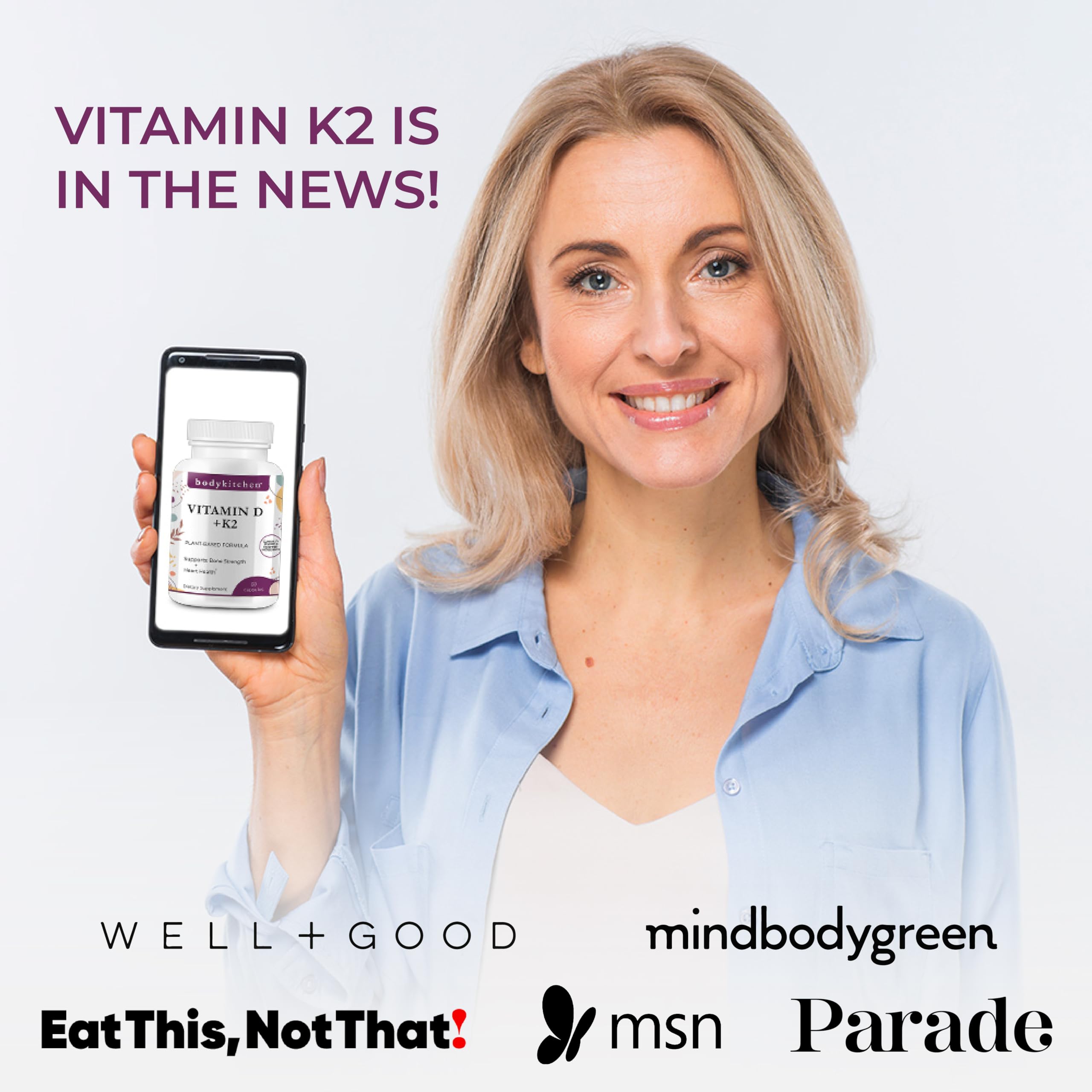 Body Kitchen D3K2 health label emphasizing vegan and non-GMO.