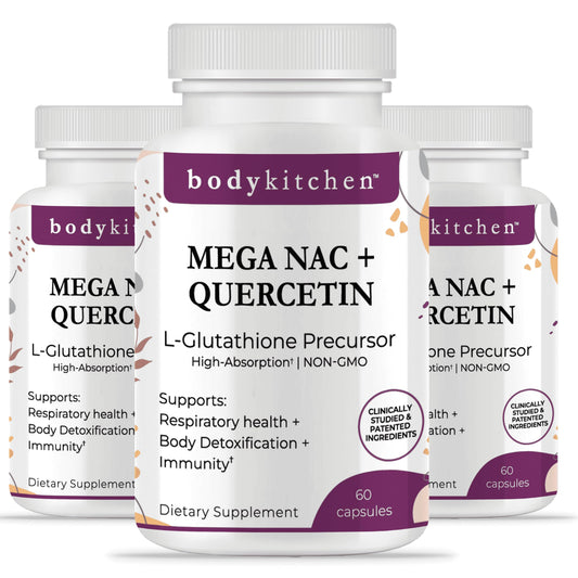 Body Kitchen Mega NAC 600mg bottle on shelf highlighting detox and respiratory support.