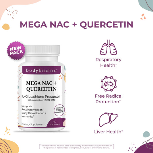 Body Kitchen Mega NAC bottle back label detailing ingredients and liver-friendly detox concept.