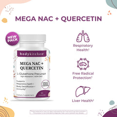 Body Kitchen Mega NAC bottle back label detailing ingredients and liver-friendly detox concept.