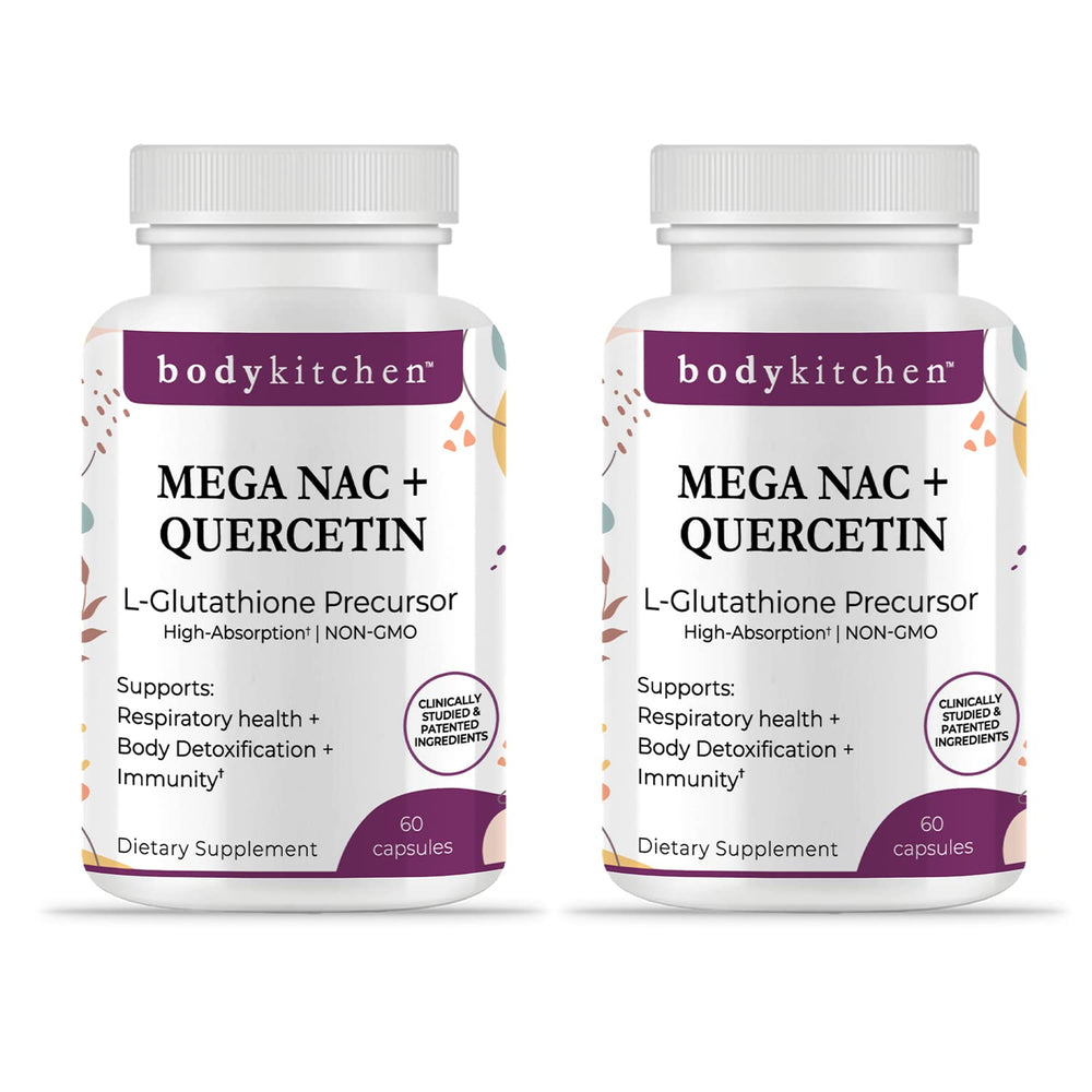 Body Kitchen Mega NAC bottle front view showing 600 mg NAC and veggie capsules for daily support.