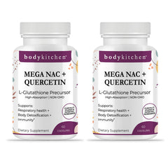 Body Kitchen Mega NAC bottle front view showing 600 mg NAC and veggie capsules for daily support.