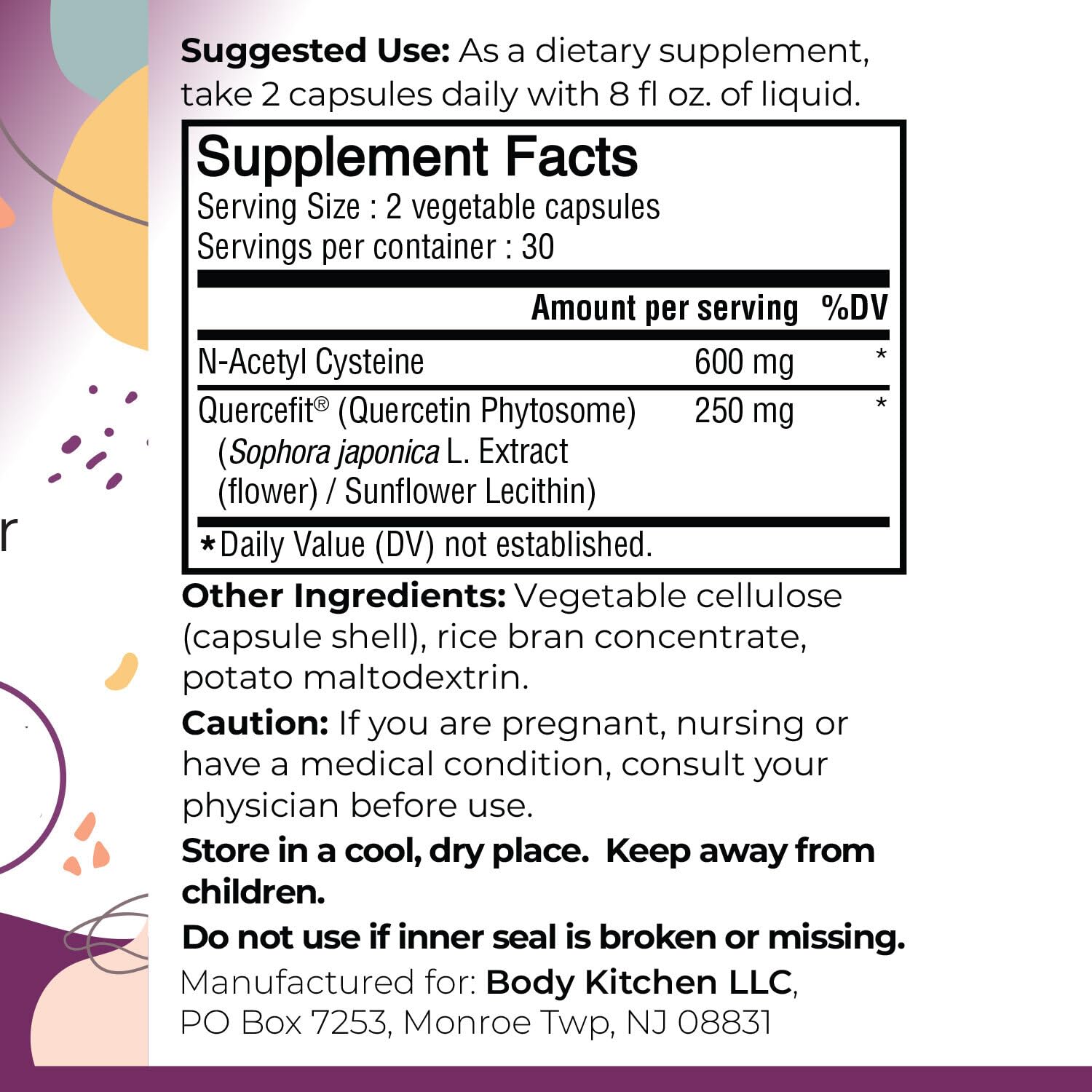 Body Kitchen Mega NAC bottle side info focusing on dosing and purity standards.
