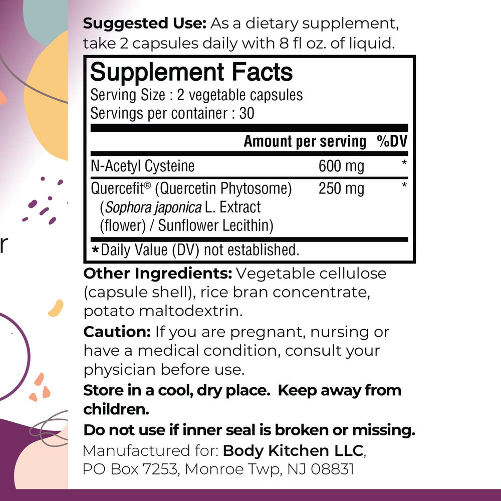 Body Kitchen Mega NAC bottle side info focusing on dosing and purity standards.