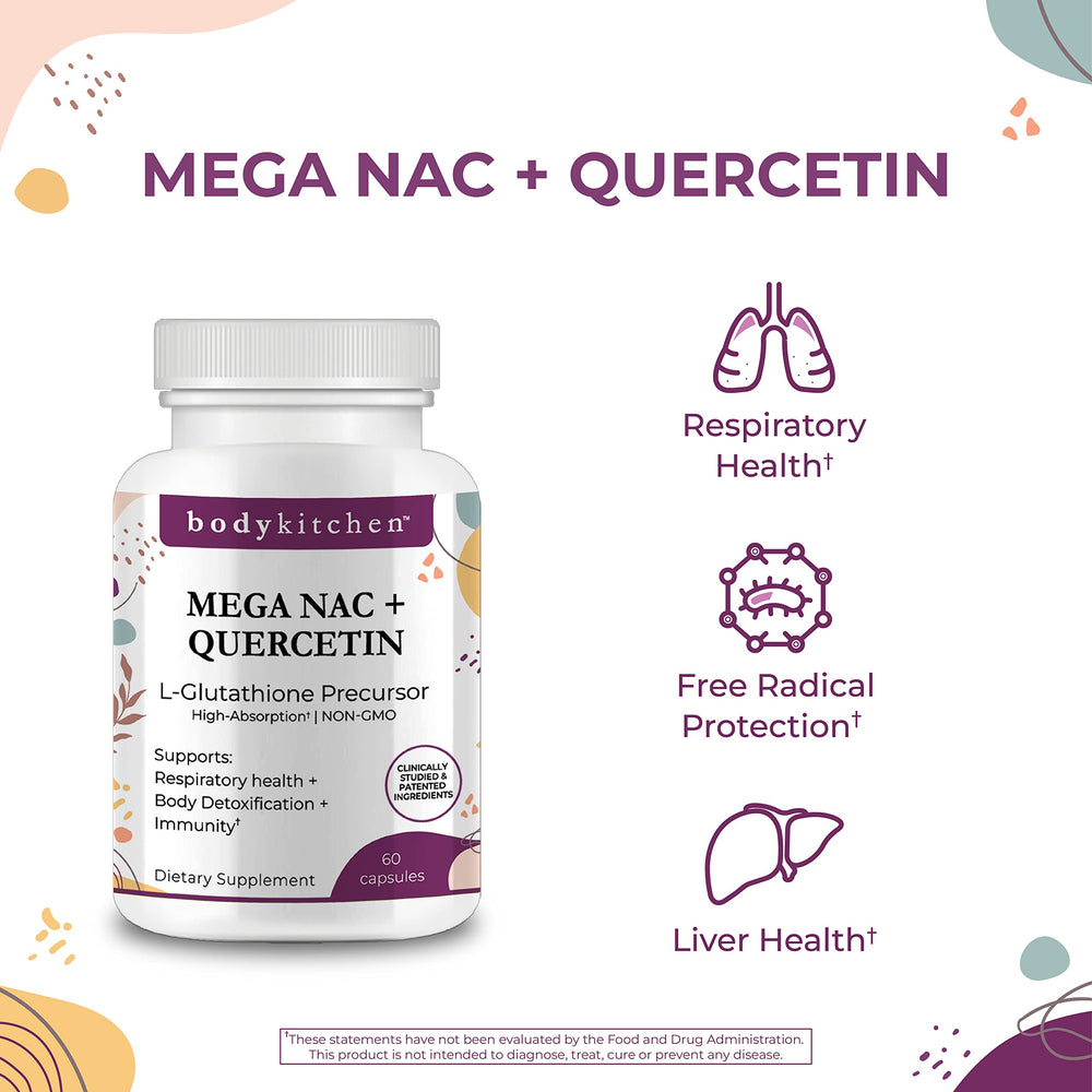 Body Kitchen Mega NAC capsules closeup showing veggie caps for easy daily use.