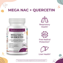 Body Kitchen Mega NAC capsules closeup showing veggie caps for easy daily use.