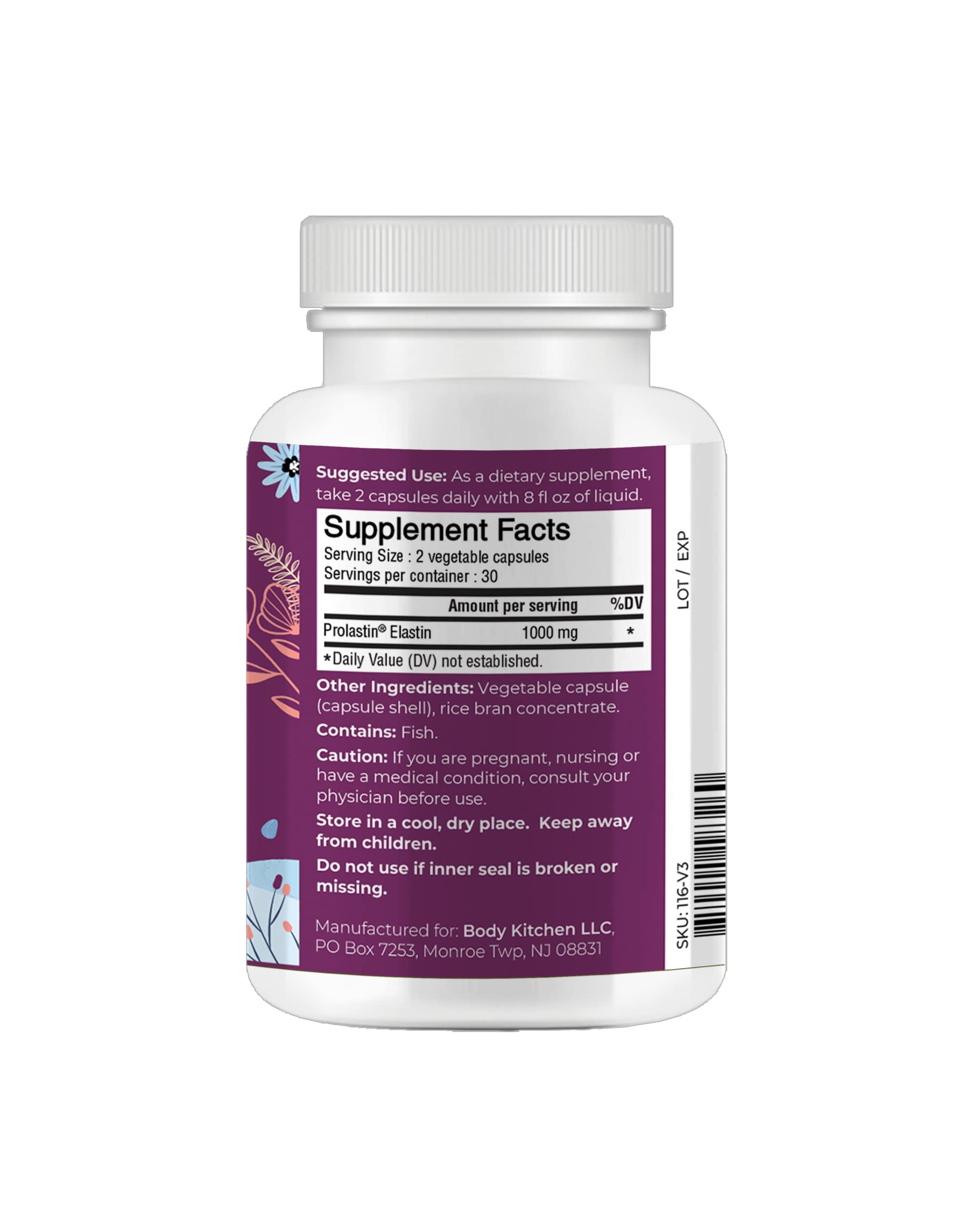Body Kitchen Pro-Elastin bottle back shows ingredients and usage directions for daily use