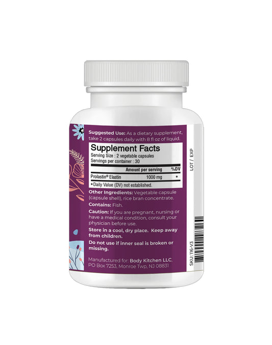Body Kitchen Pro-Elastin bottle back shows ingredients and usage directions for daily use
