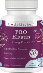 Body Kitchen Pro-Elastin bottle front highlights skin elasticity and veggie capsules