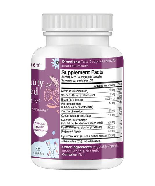 Body Kitchen Total Beauty Advanced biotin-hyaluronic acid capsule supports skin hydration and elasticity.