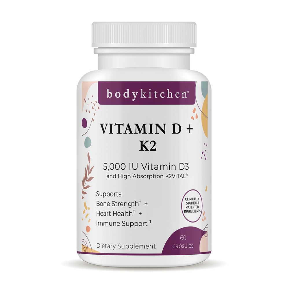 Body Kitchen vegan D3K2 bottle with capsules supporting bone health.