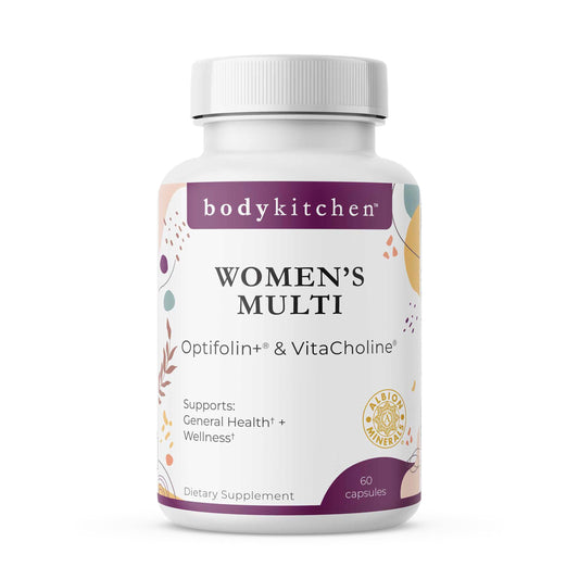 Body Kitchen Women’s Multivitamin bottle front view for daily wellness