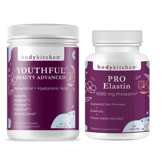 Body Kitchen Youthful Beauty collagen powder bottle highlights skin-supporting formula