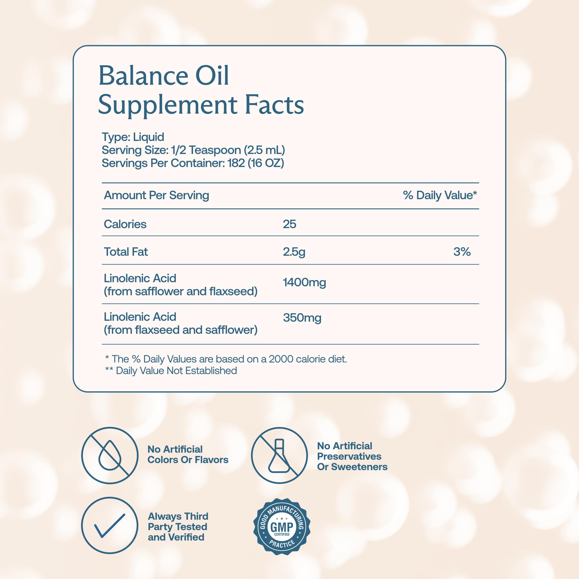 BodyBio Balance Oil label highlights a 4:1 omega-6 to omega-3 ratio