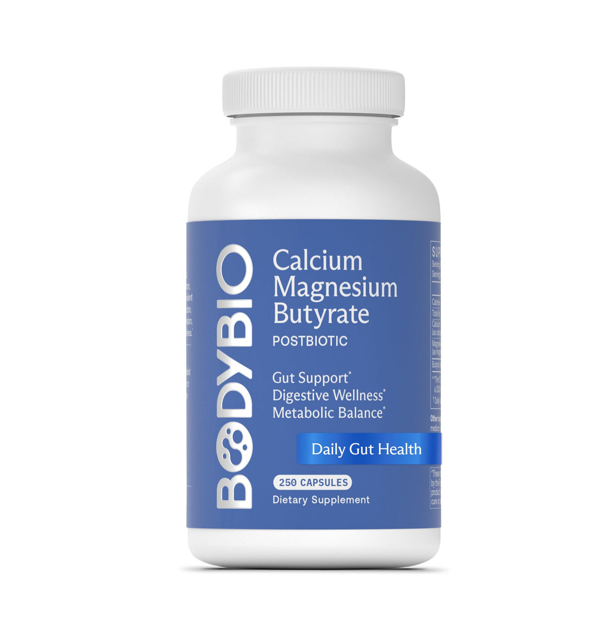 BodyBio Butyrate bottle front label showing gut health support and postbiotic integrity.